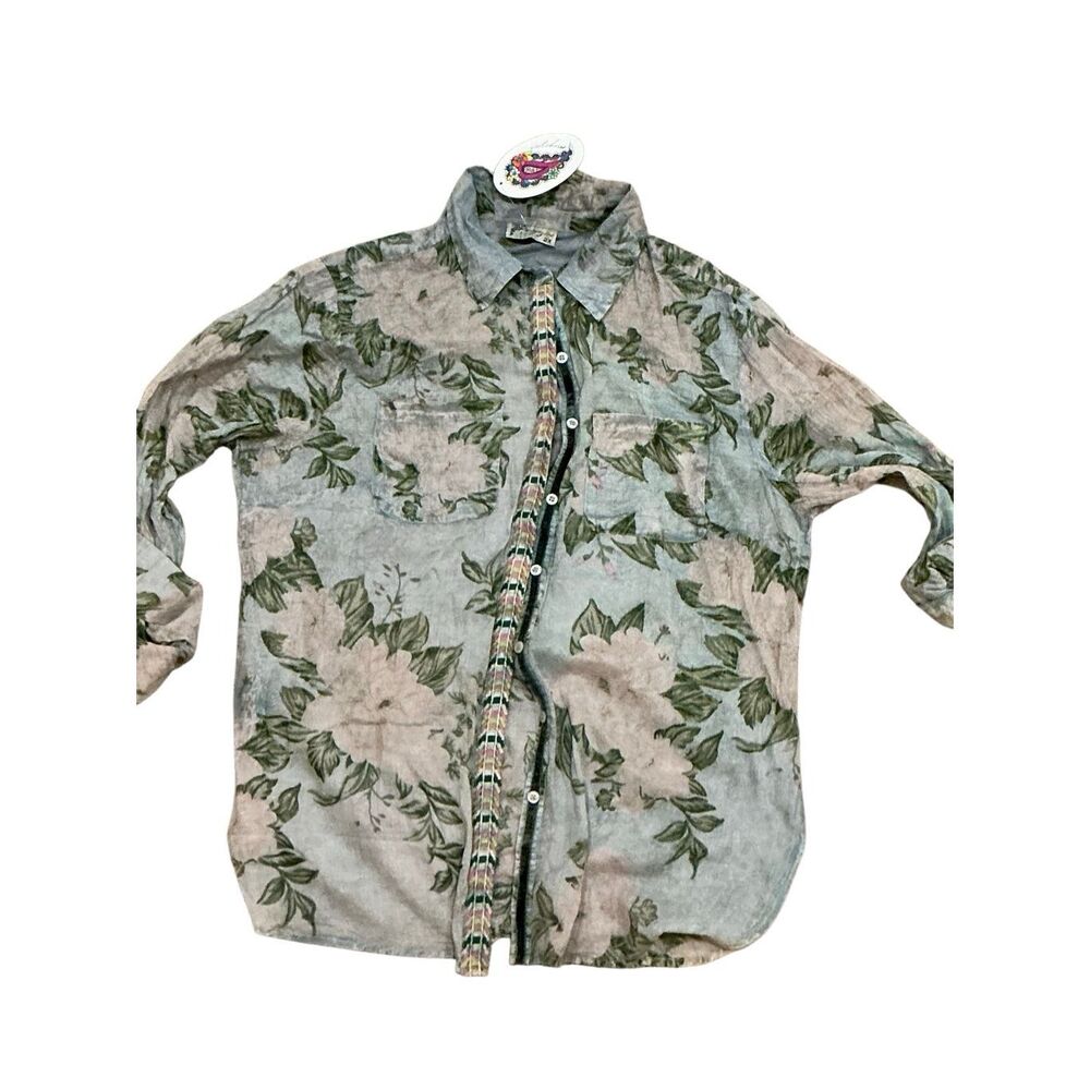 Magazine Clothing Co Floral Button Up Shirt Boho Botanical Green Distressed 2X